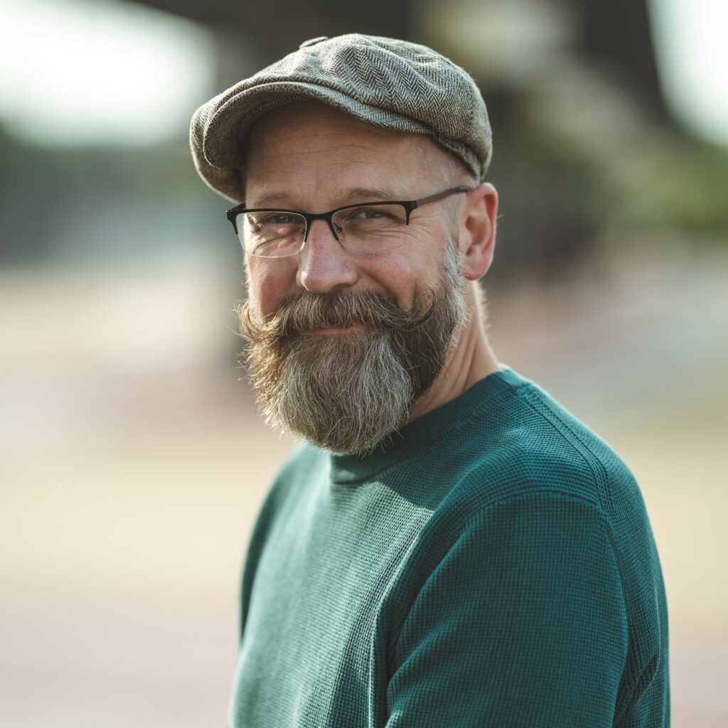 Street portrait of yours truly: beard, glasses, brown flat cap, green jumper, blurred background